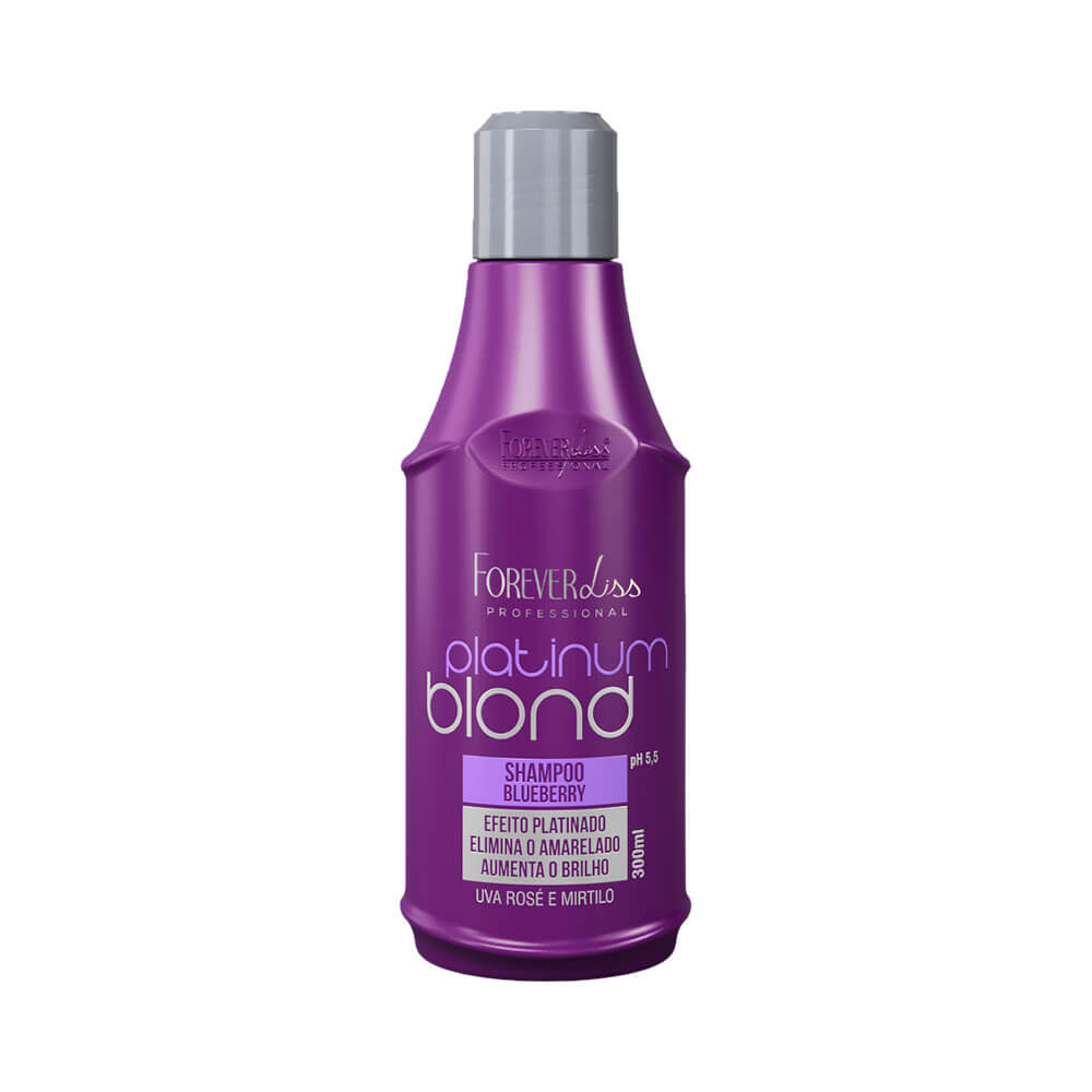Frontal do Shampoo Matizador Forever Liss Platinum Blond 300ml, embalagem roxa com tampa cinza