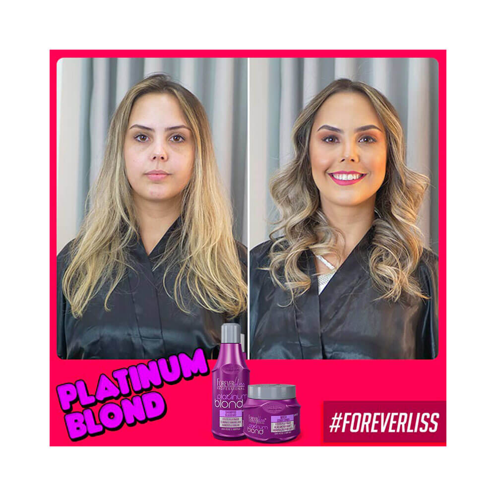 Antes e depois do uso do Shampoo Matizador Forever Liss Platinum Blond, mostrando brilho e definição
