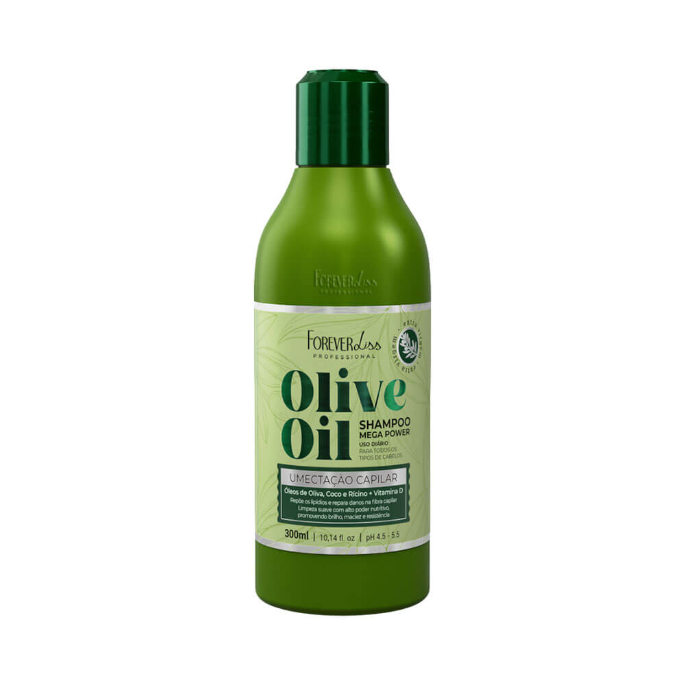 Frontal do frasco de shampoo Forever Liss Olive Oil 300ml com embalagem verde e tampa escura