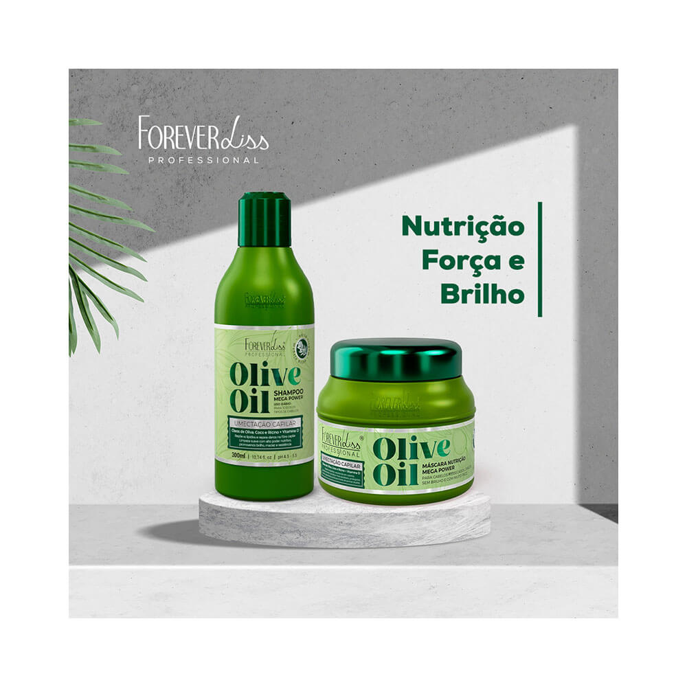 Frasco de shampoo e pote de máscara Forever Liss Olive Oil em fundo cinza claro com planta verde
