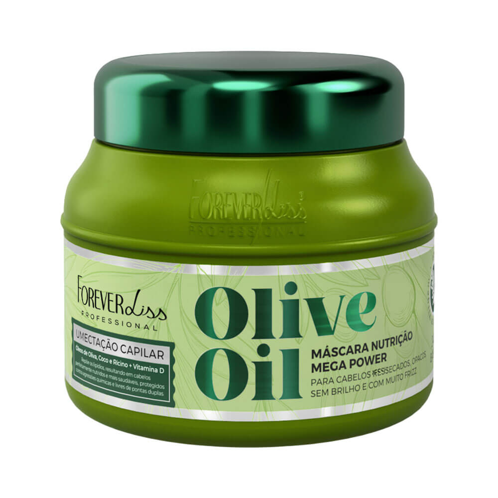 Máscara Capilar Forever Liss Olive Oil 250g em embalagem verde com tampa metálica
