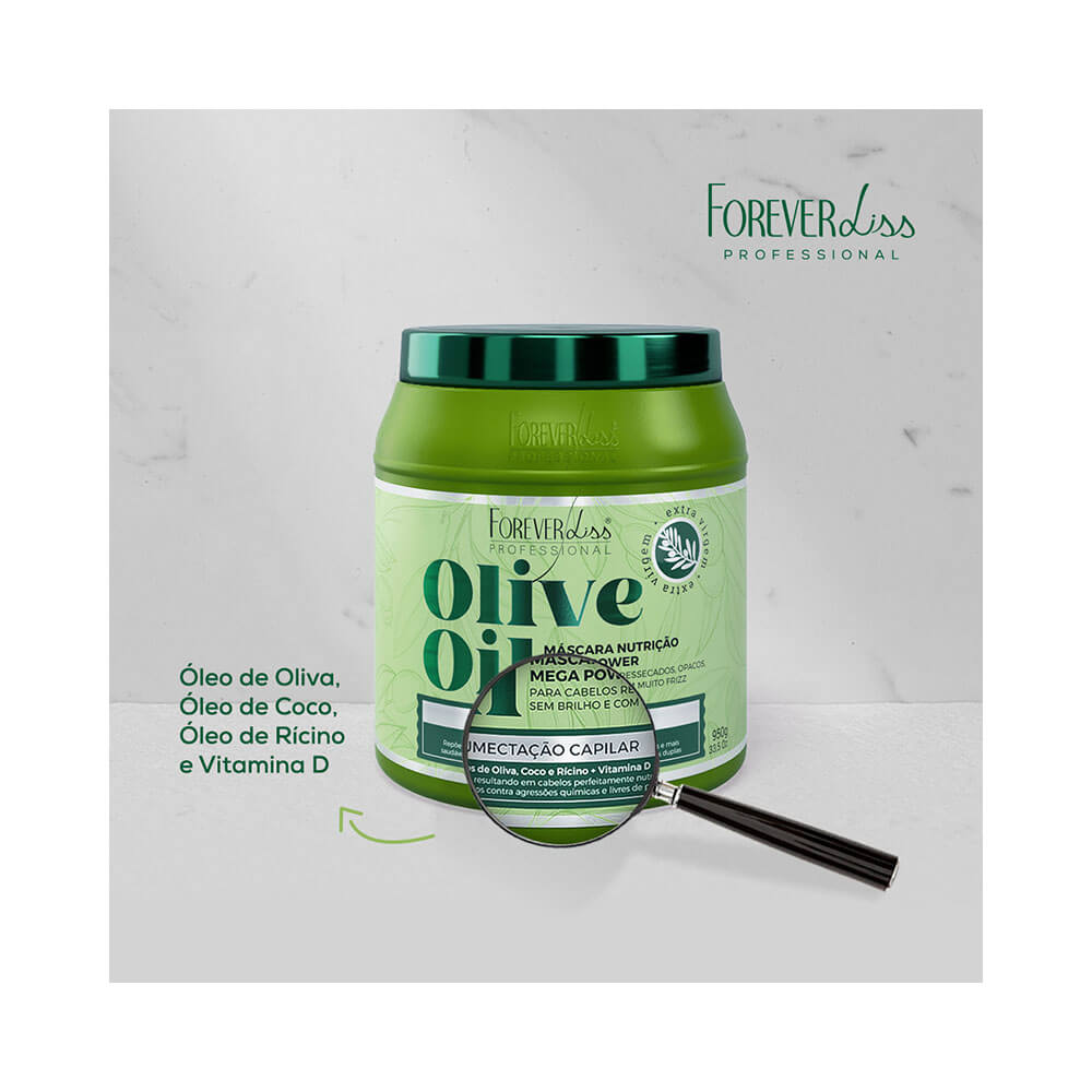 Máscara Capilar Forever Liss Olive Oil 250g com destaque para ingredientes naturais