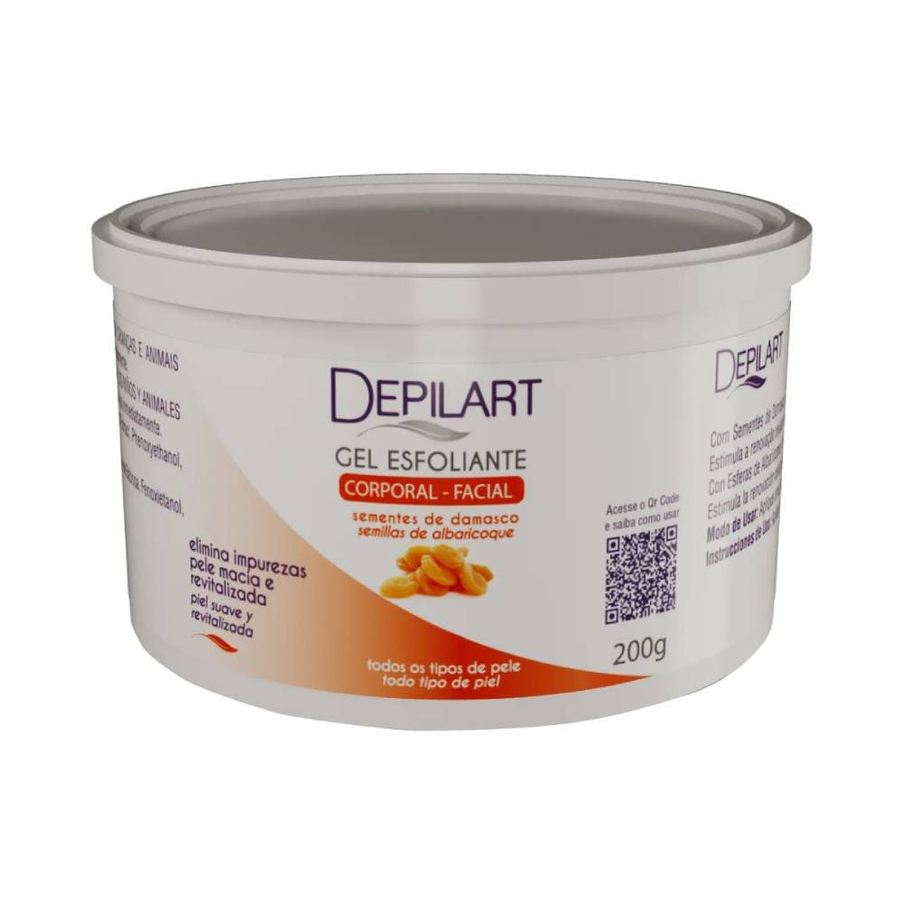Gel Esfoliante Depilart Corporal e Facial Sementes de Damasco 200g embalagem branca com detalhes em laranja