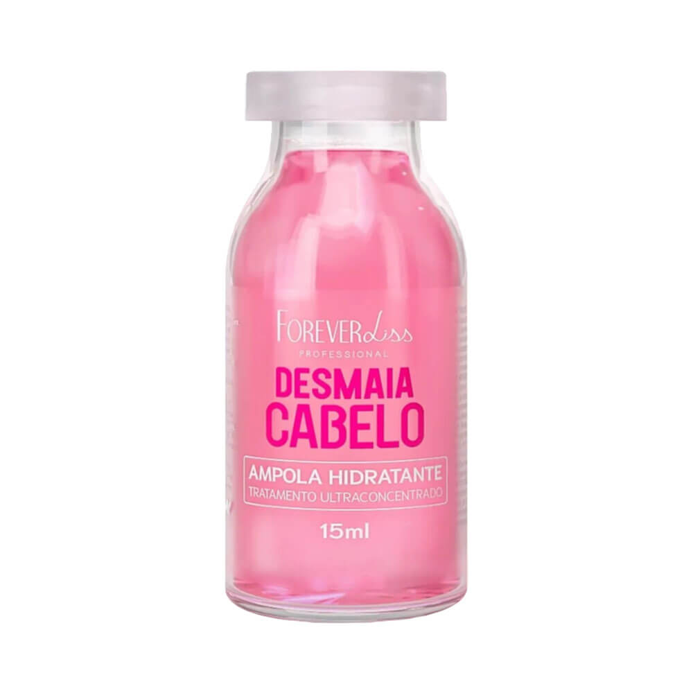 Ampola transparente de hidratante para cabelo da marca Forever Liss, rótulo com texto em rosa, fundo com flores rosa e folhas verdes.
