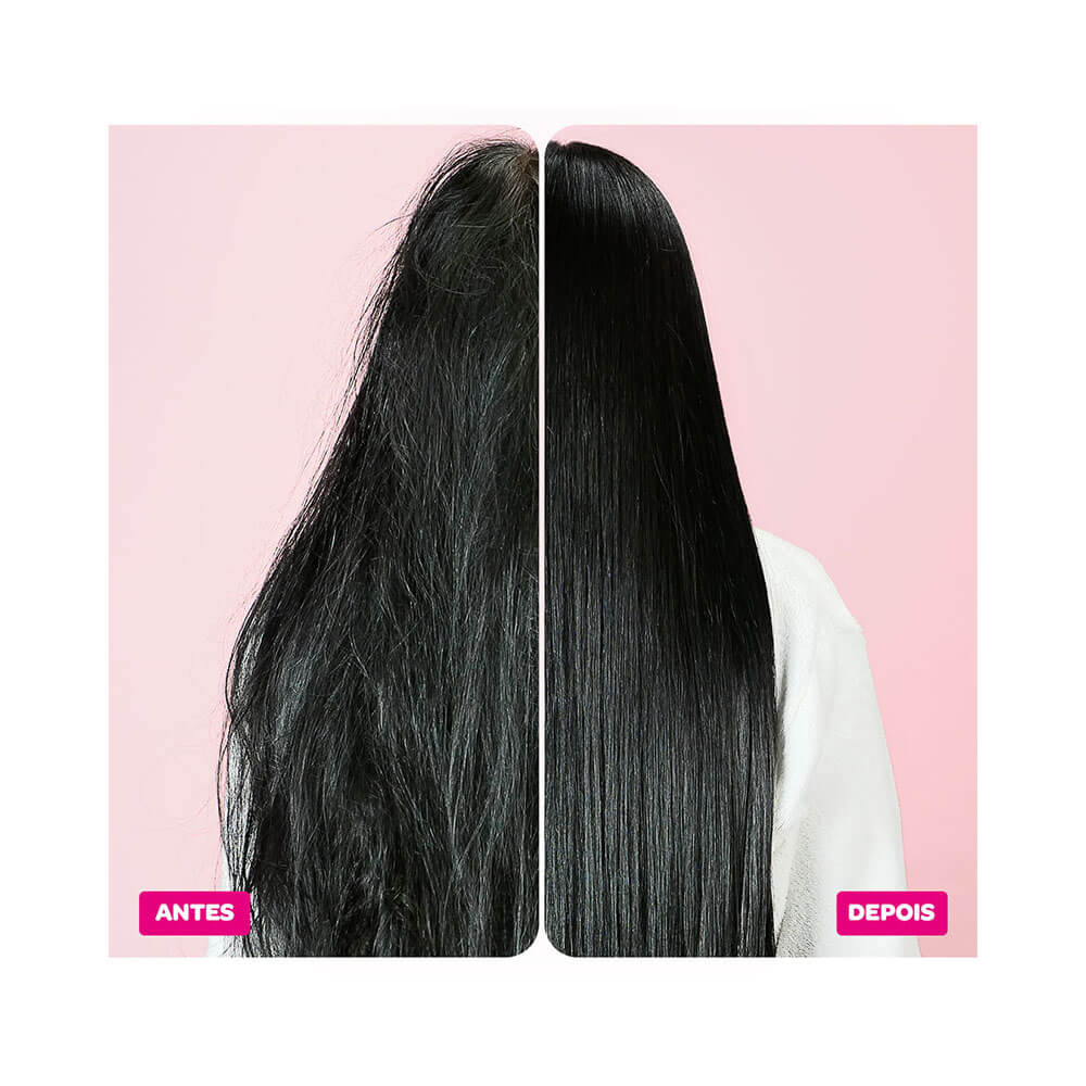 Cabelo antes e depois do uso da ampola hidratante da marca Forever Liss, fundo rosa, mostrando a transformação.