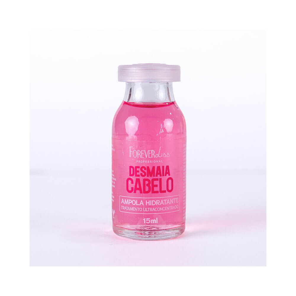 Ampola transparente de hidratante para cabelo da marca Forever Liss, rótulo com texto em rosa, fundo branco.