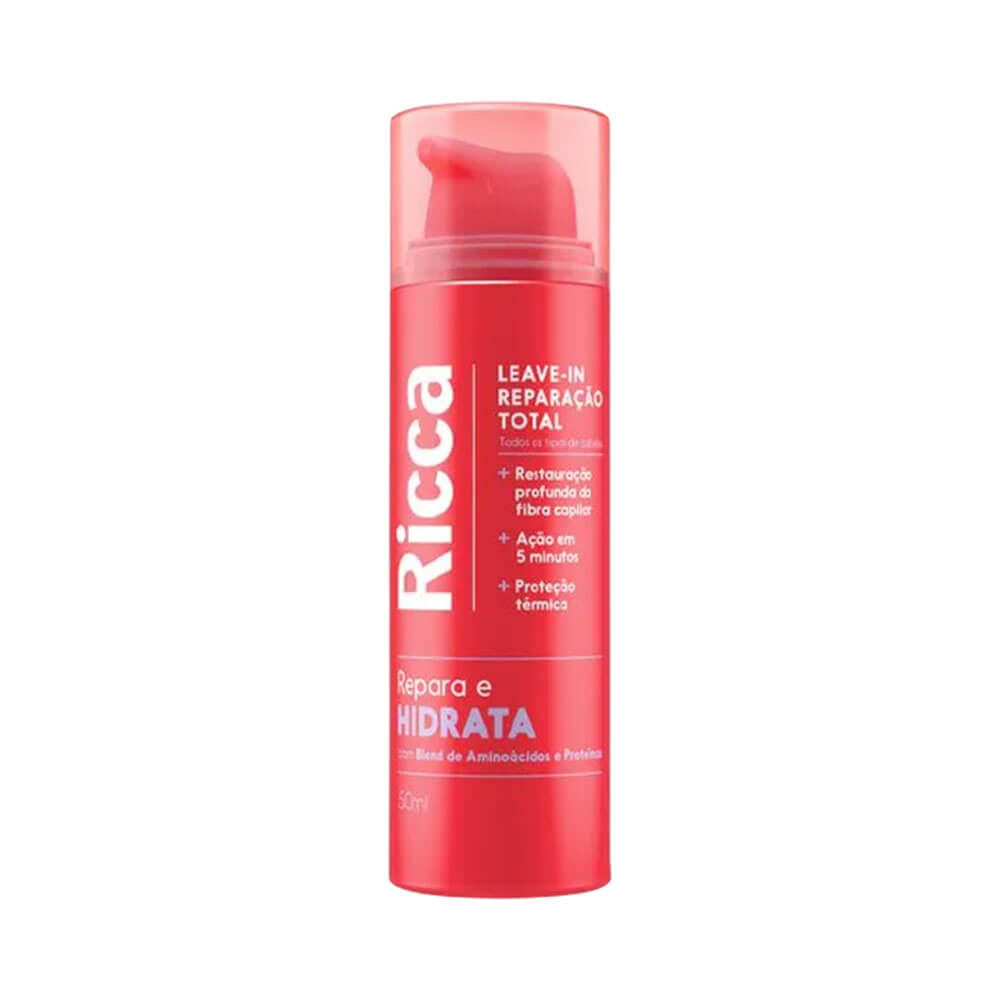 Leave-in Ricca Reparação Total 50ml em frasco vermelho com válvula pump, destacando benefícios e proteção térmica