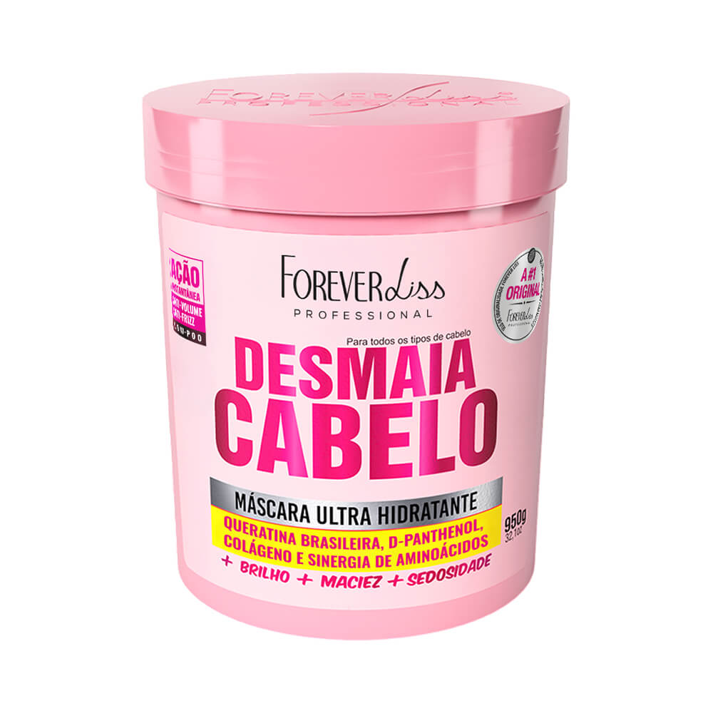 Embalagem rosa da Máscara Hidratante Forever Liss Professional Desmaia Cabelo 950g sobre fundo branco e rosa