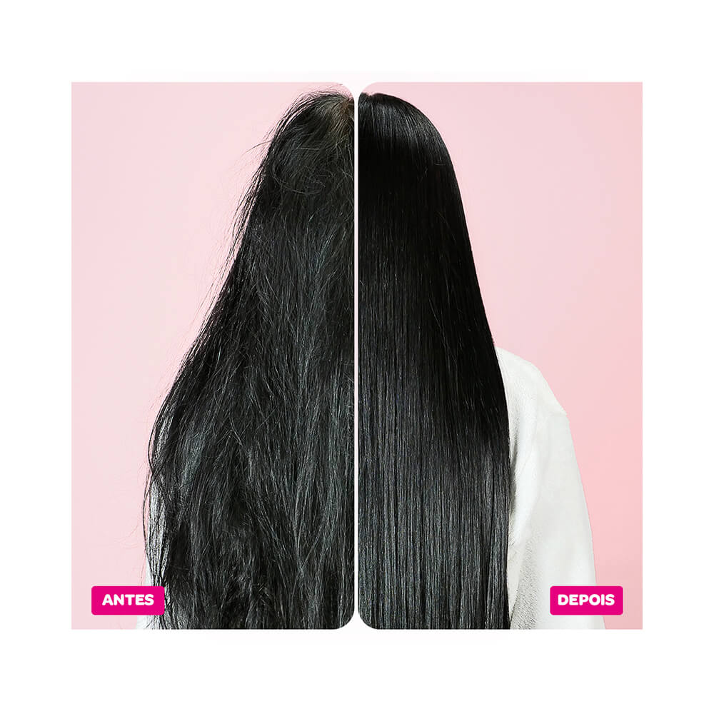 Comparação antes e depois da aplicação da Máscara Hidratante Forever Liss Professional Desmaia Cabelo 950g em cabelos