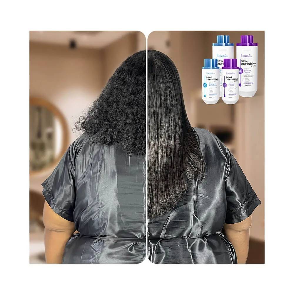 Antes e depois do uso do kit mostrando cabelo alisado e alinhado