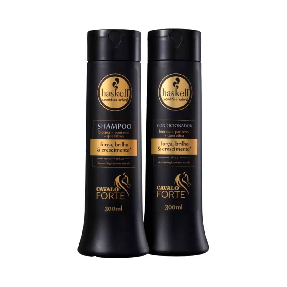 Kit Haskell Shampoo e Condicionador Cavalo Forte 300ml com embalagens pretas e detalhes dourados