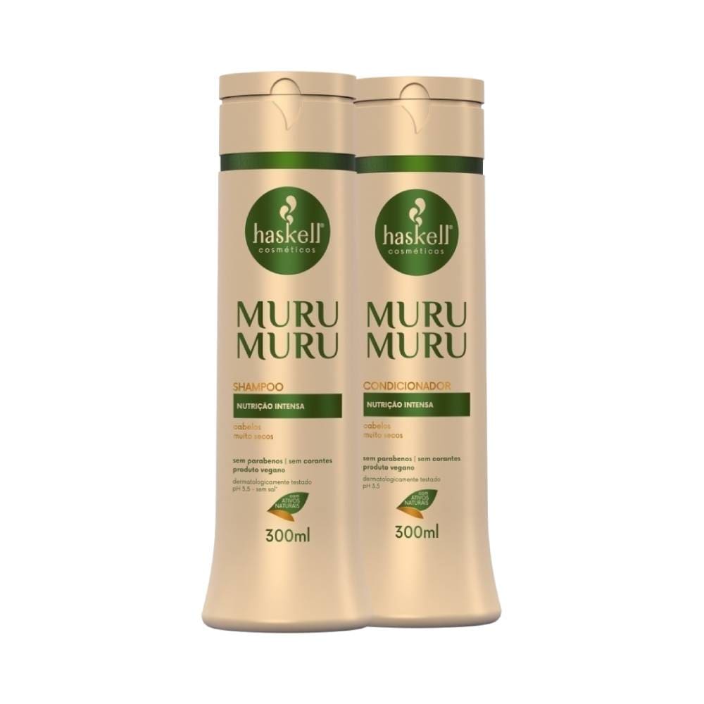Kit Haskell Shampoo e Condicionador Murumuru 300ml com frascos bege e detalhes verdes