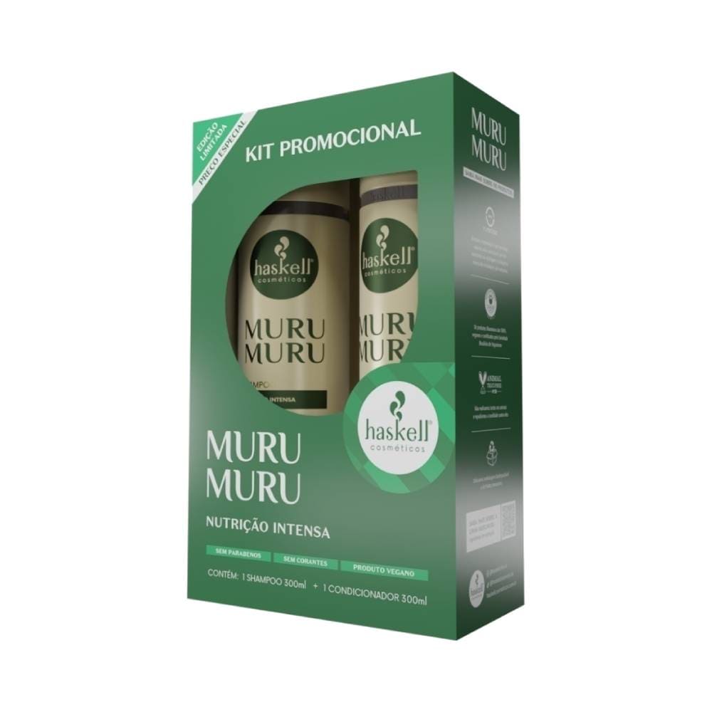 Embalagem do kit Haskell Murumuru com shampoo e condicionador em caixa verde