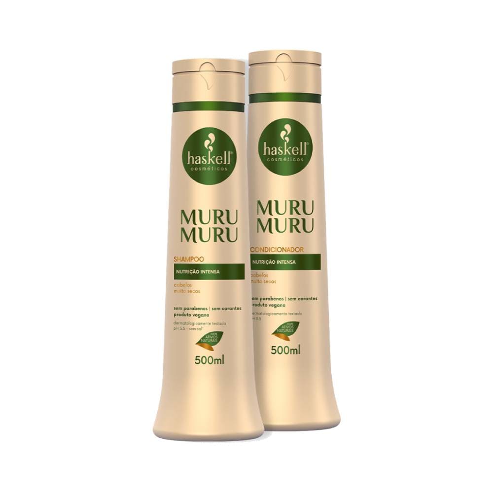 Kit Haskell Shampoo e Condicionador Murumuru 500ml, frascos bege com detalhes verdes e dourados
