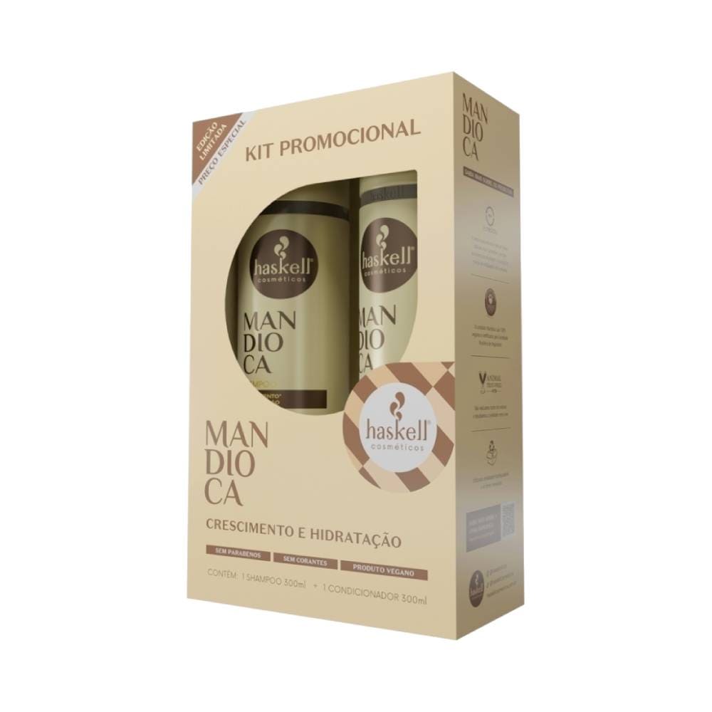 Kit Haskell em caixa bege com janela transparente mostrando shampoo e condicionador