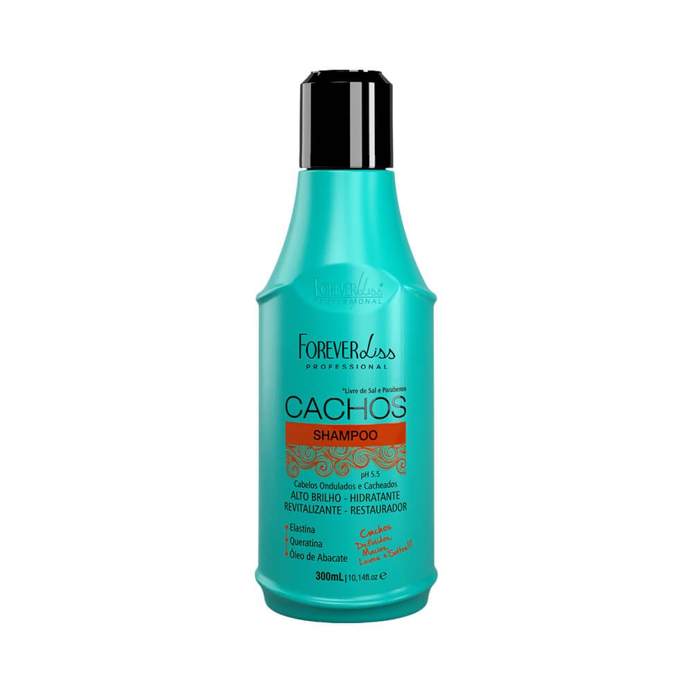 Shampoo Forever Liss Cachos 300ml embalagem azul turquesa com tampa preta