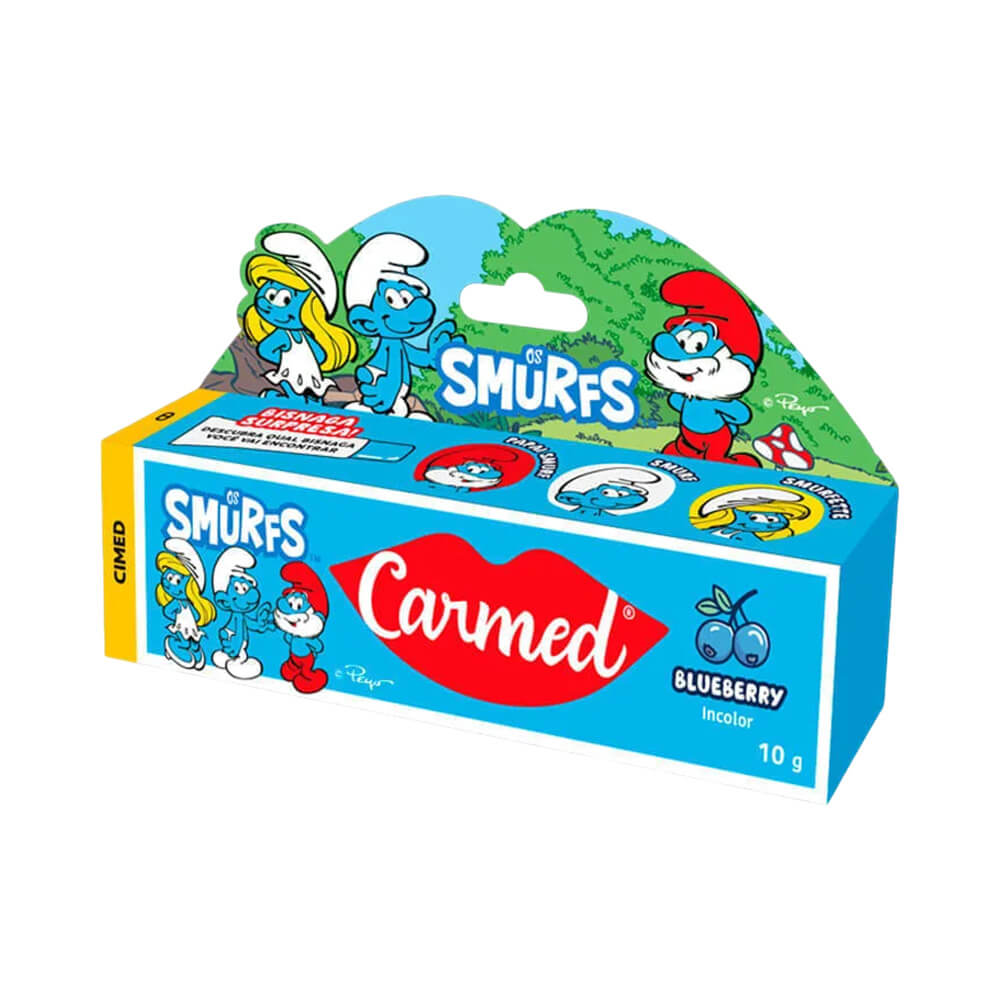 Embalagem do Hidratante Labial Carmed Os Smurfs Blueberry 10g com personagens Smurfs