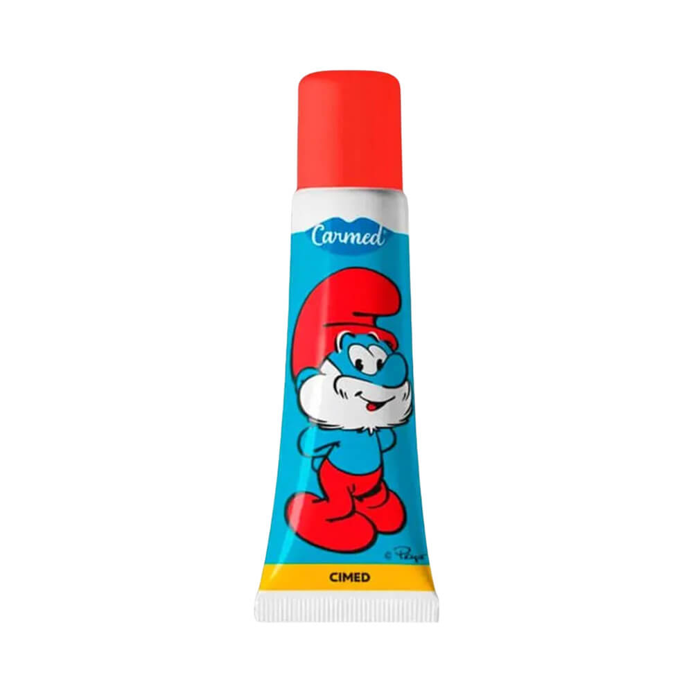 Tubo do Hidratante Labial Carmed com Papai Smurf e tampa vermelha