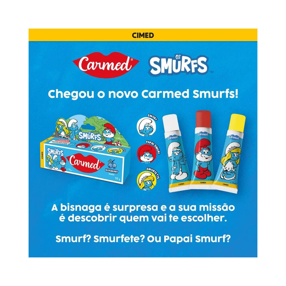 Imagem promocional do Hidratante Labial Carmed Os Smurfs Blueberry mostrando embalagem e tubos colecionáveis
