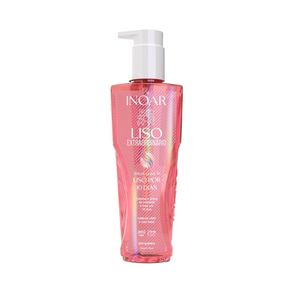 Frasco do Sérum Leave-in Inoar Liso Extraordinário 110ml com design moderno e pump branco.