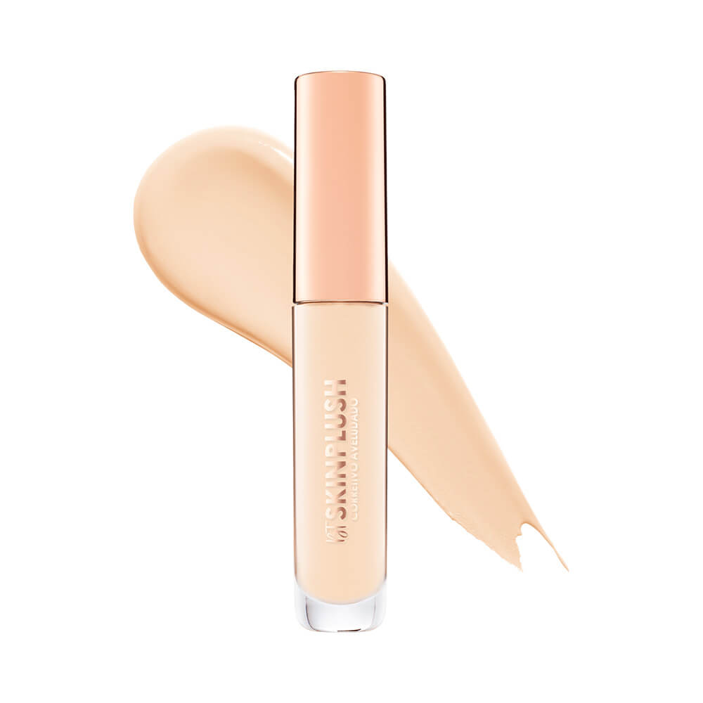 Corretivo Bruna Tavares Skinplush F3040 em embalagem transparente com tampa dourada e textura líquida bege claro