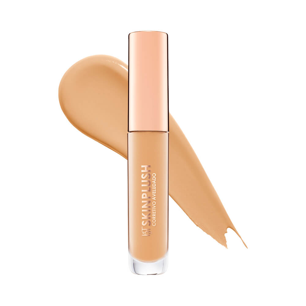 Corretivo Bruna Tavares Skinplush M1020 em embalagem transparente com tampa rosé, mostrando textura cremosa
