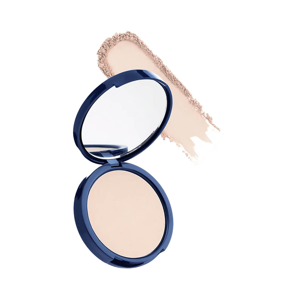 Pó compacto Bruna Tavares Powder 10 com embalagem azul escura e textura do pó exibida