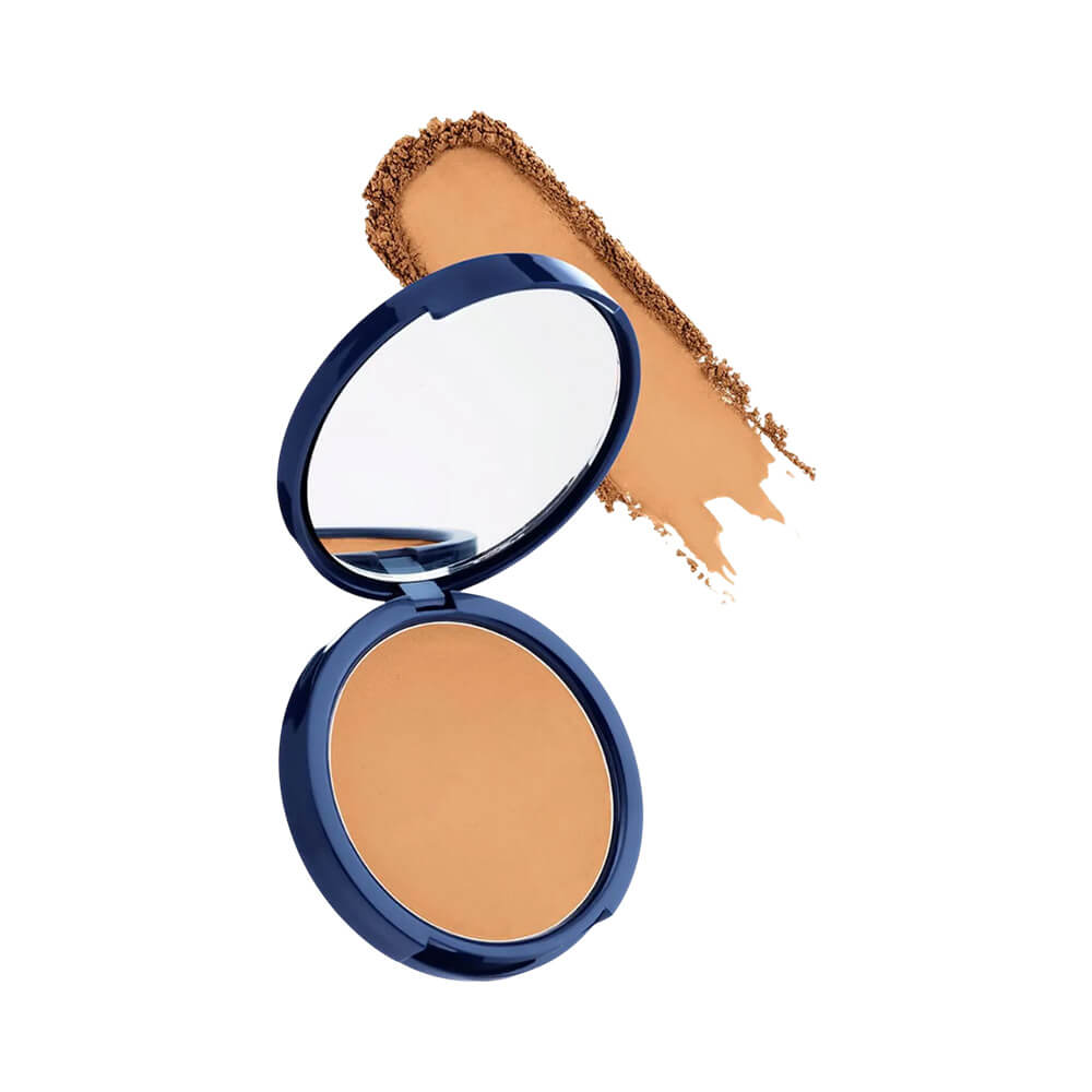 Pó compacto Bruna Tavares Powder 50 em embalagem azul escura com espelho interno e pó bege médio aberto