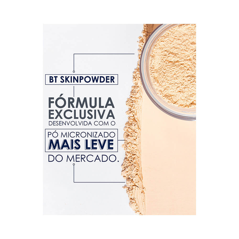 Pó solto Bruna Tavares Skinpowder Light em pote aberto com pó espalhado ao lado