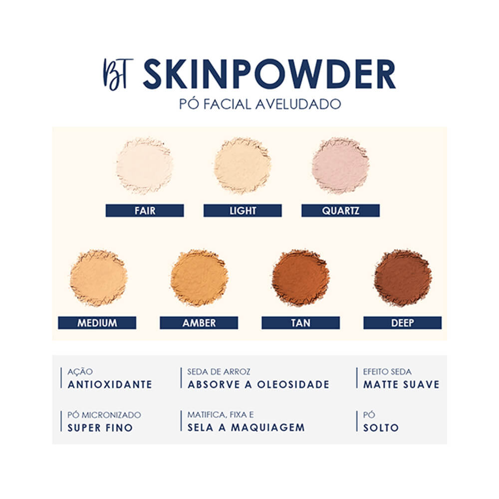 Tabela de cores e especificações do Pó Solto Bruna Tavares Skinpowder