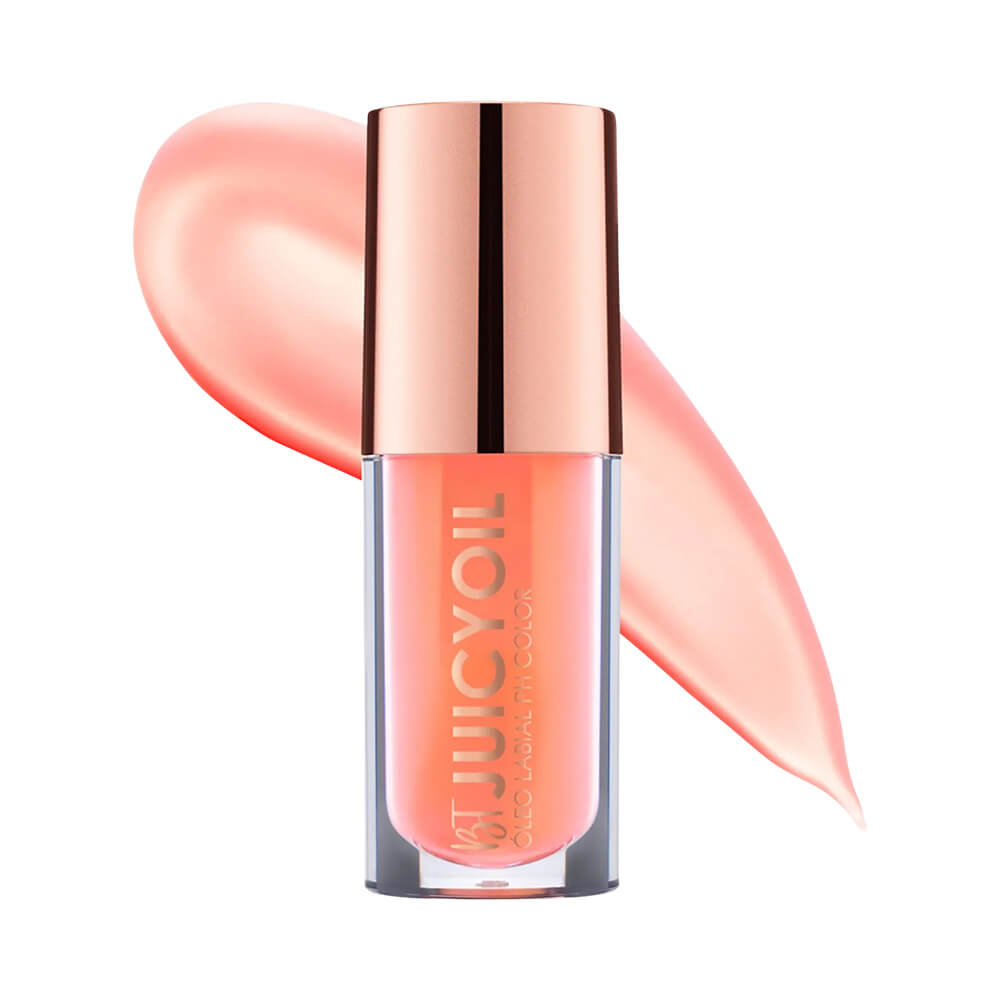 Óleo labial Juicy Oil Bruna Tavares Pitaya embalagem com tampa dourada e cor coral