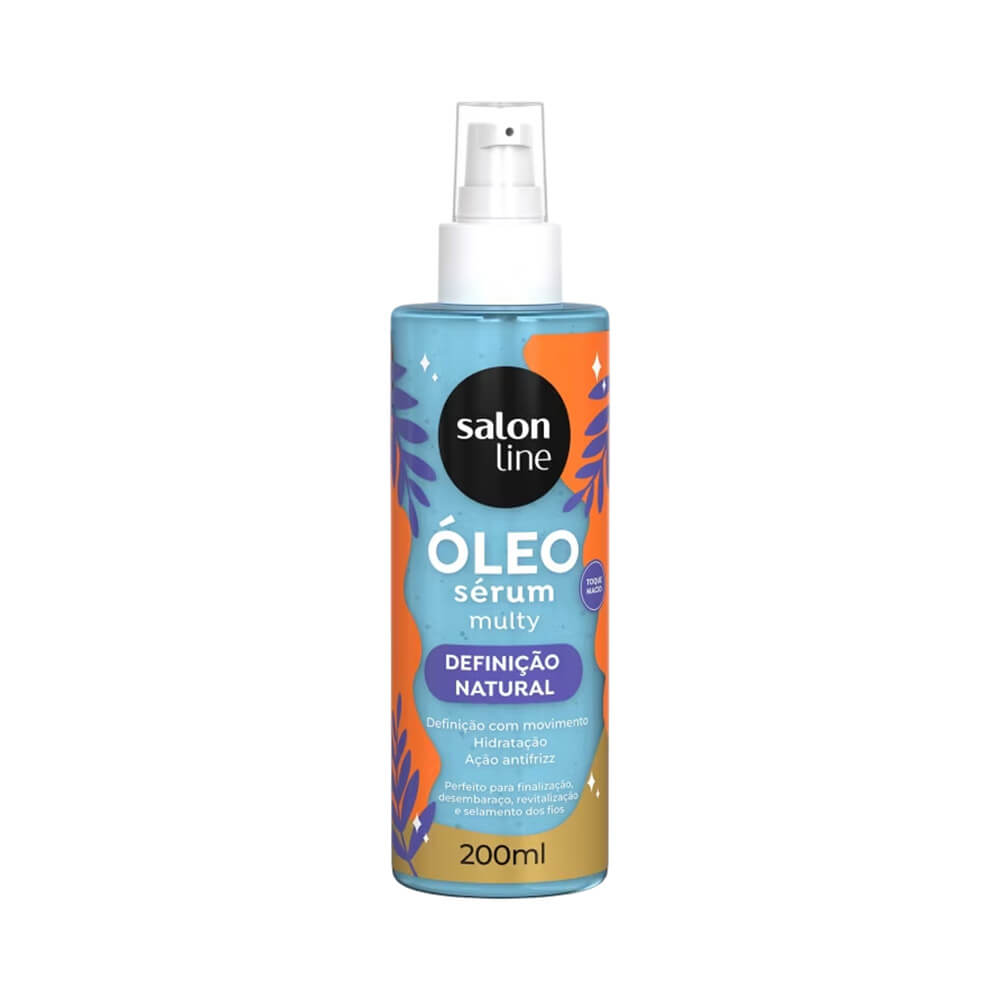 Frasco de óleo Salon Line Sérum Multy Definição Natural 200ml em embalagem azul translúcida com tampa branca spray