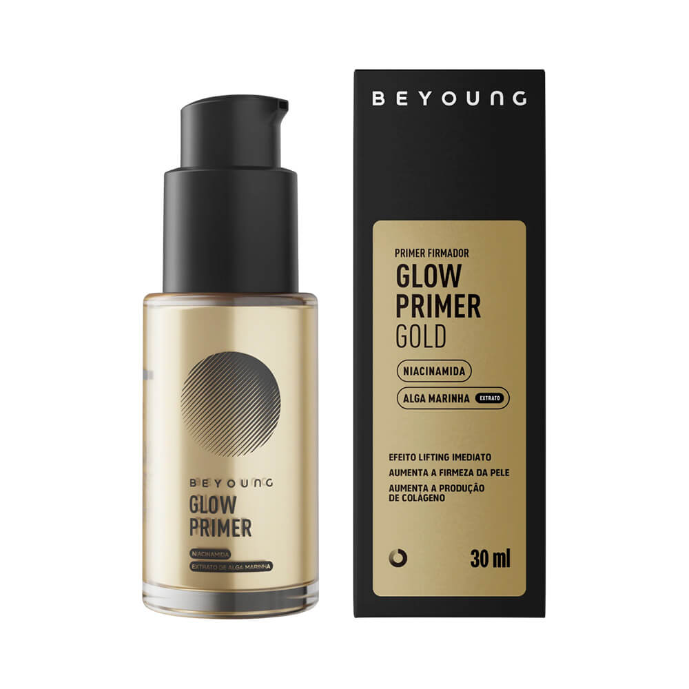 Primer Beyoung Glow Gold 30ml frasco translúcido com pump preto e rótulo dourado