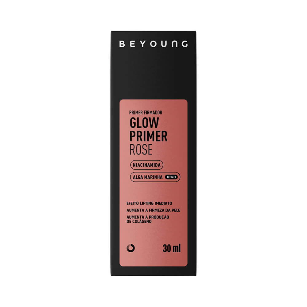 Caixa do primer Beyoung Glow Rose 30ml, design minimalista em tons de rosa e branco