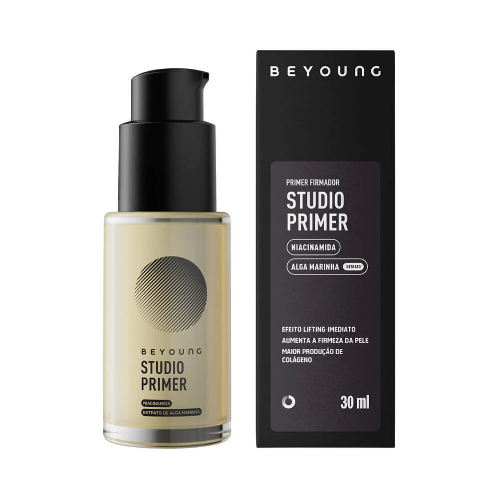 Frente do frasco do Primer Beyoung Glow Incolor 30ml com embalagem destacando niacinamida e extrato de alga marinha