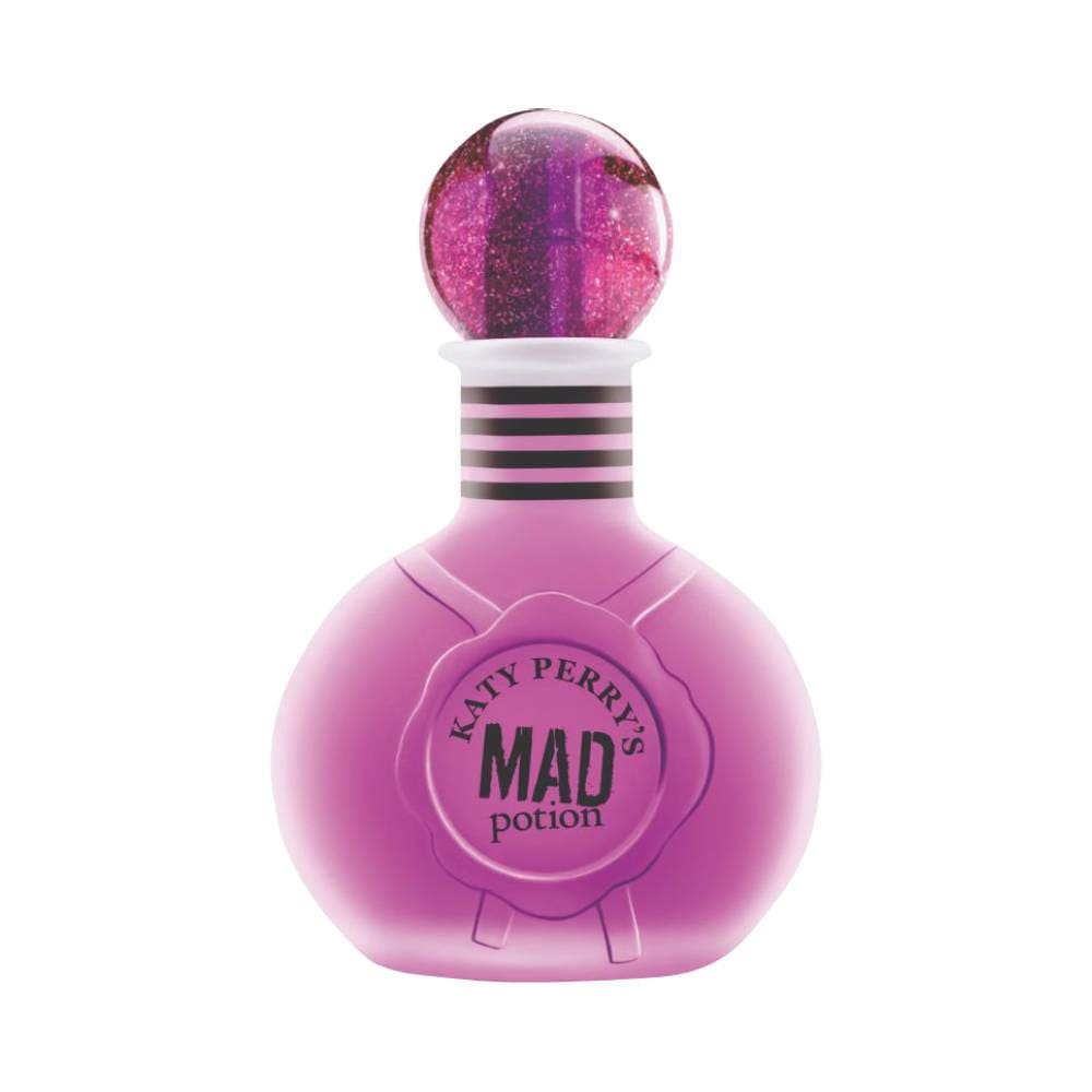 Frasco do perfume Katy Perry Mad Potion Eau de Parfum 100ml com design rosa e roxo holográfico