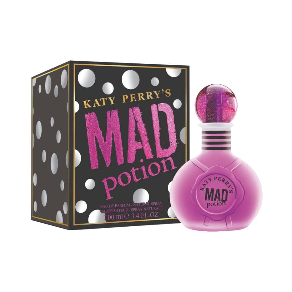 Perfume Katy Perry Mad Potion Eau de Parfum 100ml ao lado da caixa preta com detalhes dourados e rosas