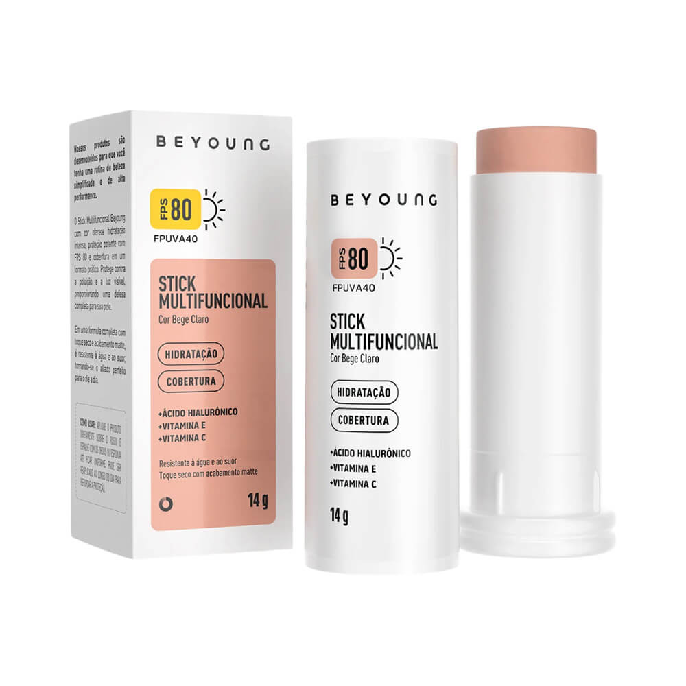 Stick Multifuncional Beyoung Bege Claro - embalagem frontal com indicação FPS 80 e FPUVA 40