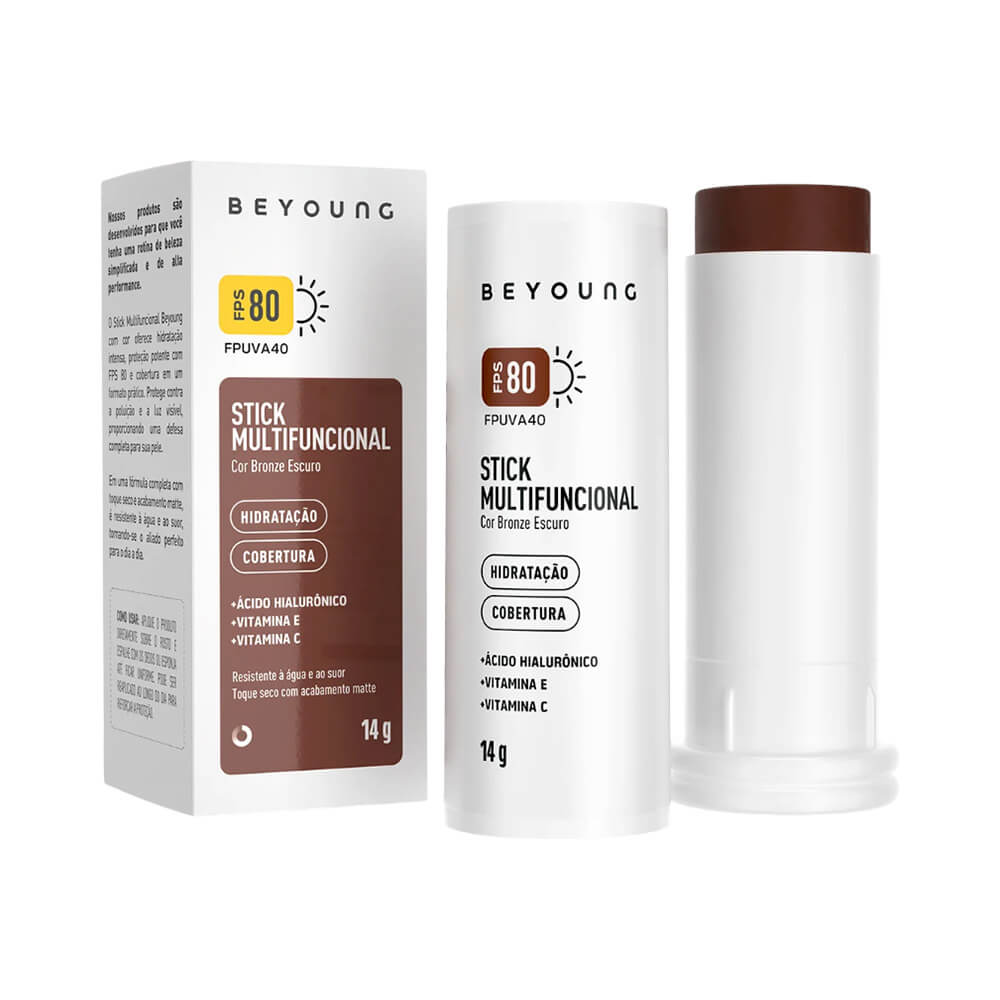 Stick Multifuncional Beyoung Bronze Escuro em destaque com embalagem branca e ponta marrom