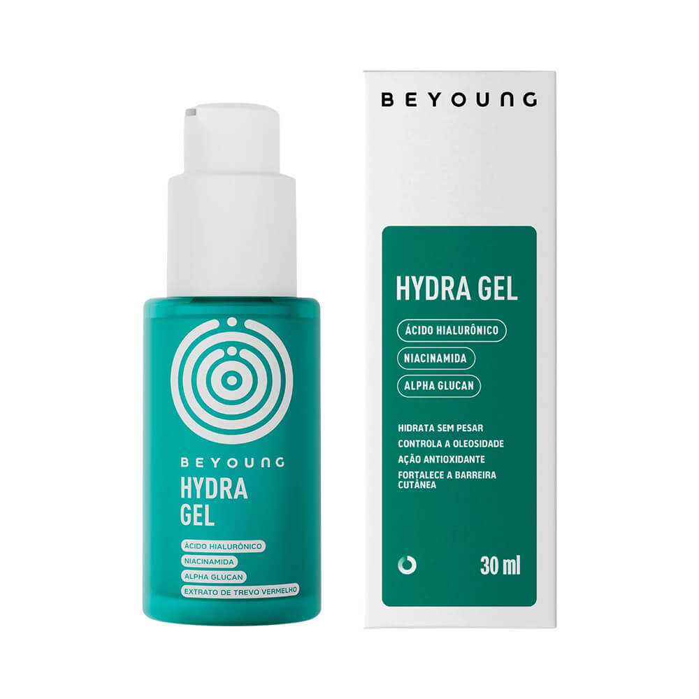 Hidratante Beyoung Hydra Gel 30ml frasco turquesa ao lado da caixa