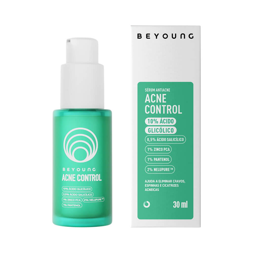 Sérum Facial Beyoung Acne Control 30ml embalagem verde translúcida com pump e caixa ao lado