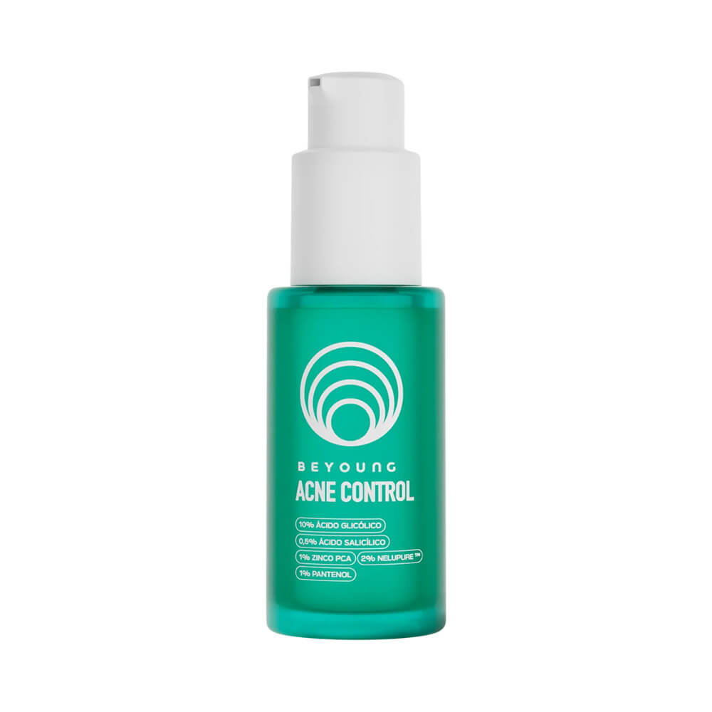 Frasco frontal do Sérum Facial Beyoung Acne Control 30ml em vidro verde com pump branco