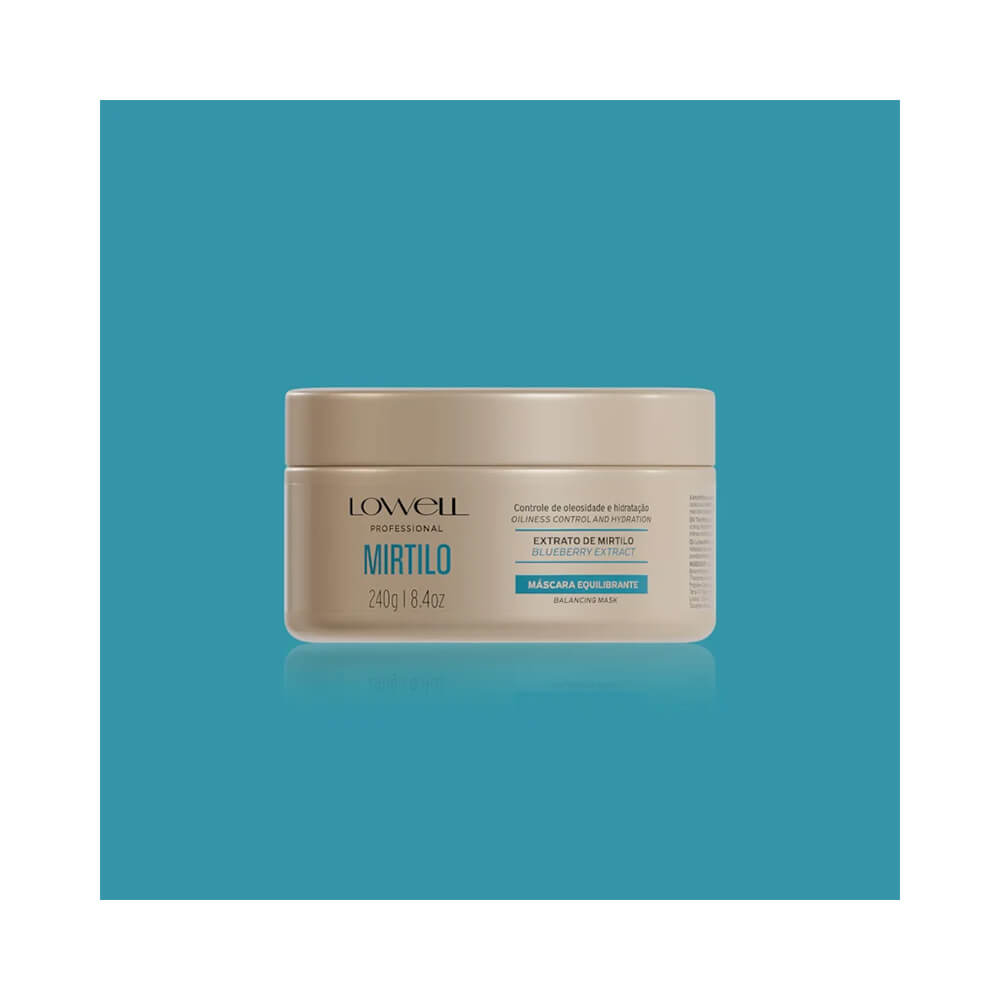 Máscara Capilar Lowell Mirtilo Equilibrante 240g sobre fundo azul turquesa