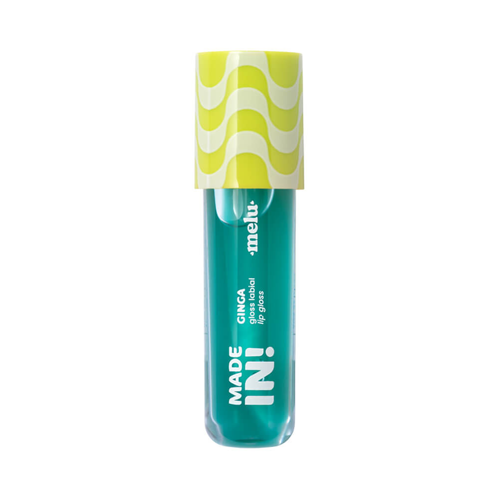 Gloss Melu Made In! Ginga Jeitinho 4ml - embalagem transparente mostrando líquido azul esverdeado