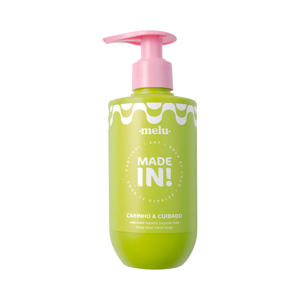 Frasco de sabonete líquido Melu Made In! Carinho e Cuidado 230ml, frasco verde com pump rosa
