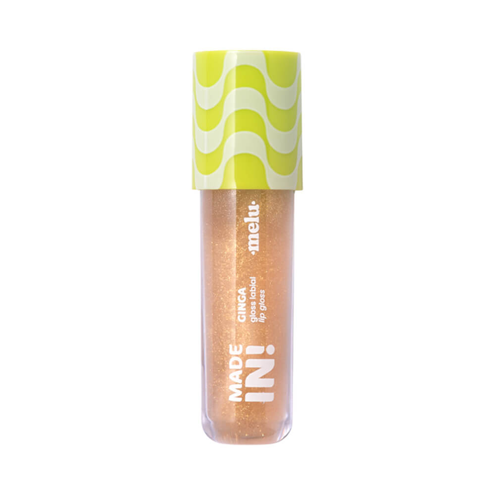 Gloss Melu Made In! Ginga Molejo tubo transparente com produto dourado e tampa amarela