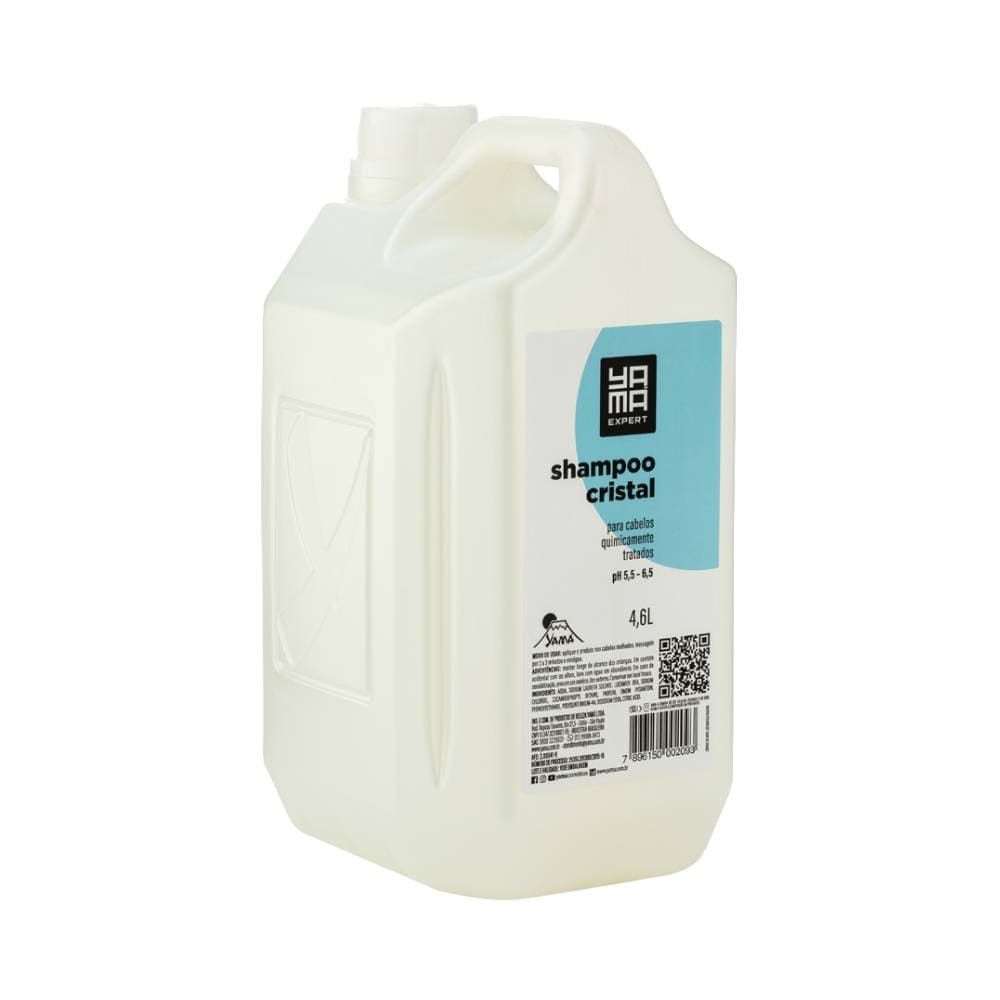 Frasco branco grande de shampoo Yamá Cristal 4600ml com etiqueta azul clara e detalhes em preto