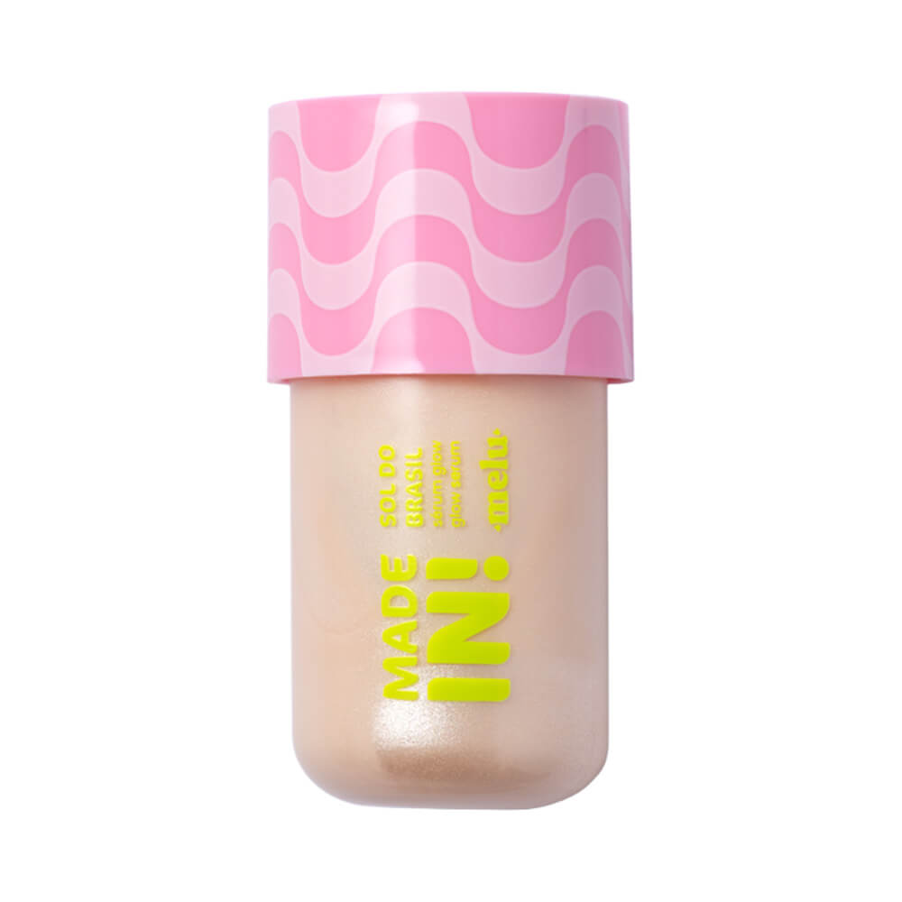 Frasco Sérum Glow Melu Sol do Brasil 32ml, líquido perolado e tampa rosa