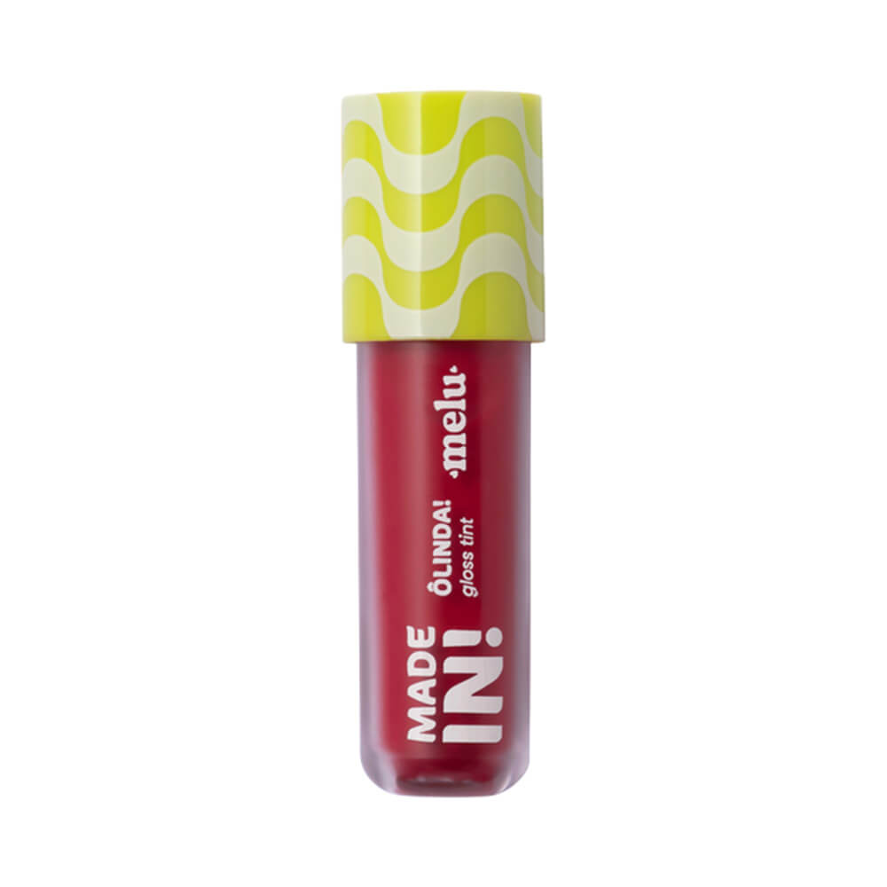 Gloss Tint Melu Made In! Ôlinda! Dengo - frasco transparente com gloss vermelho e tampa amarela