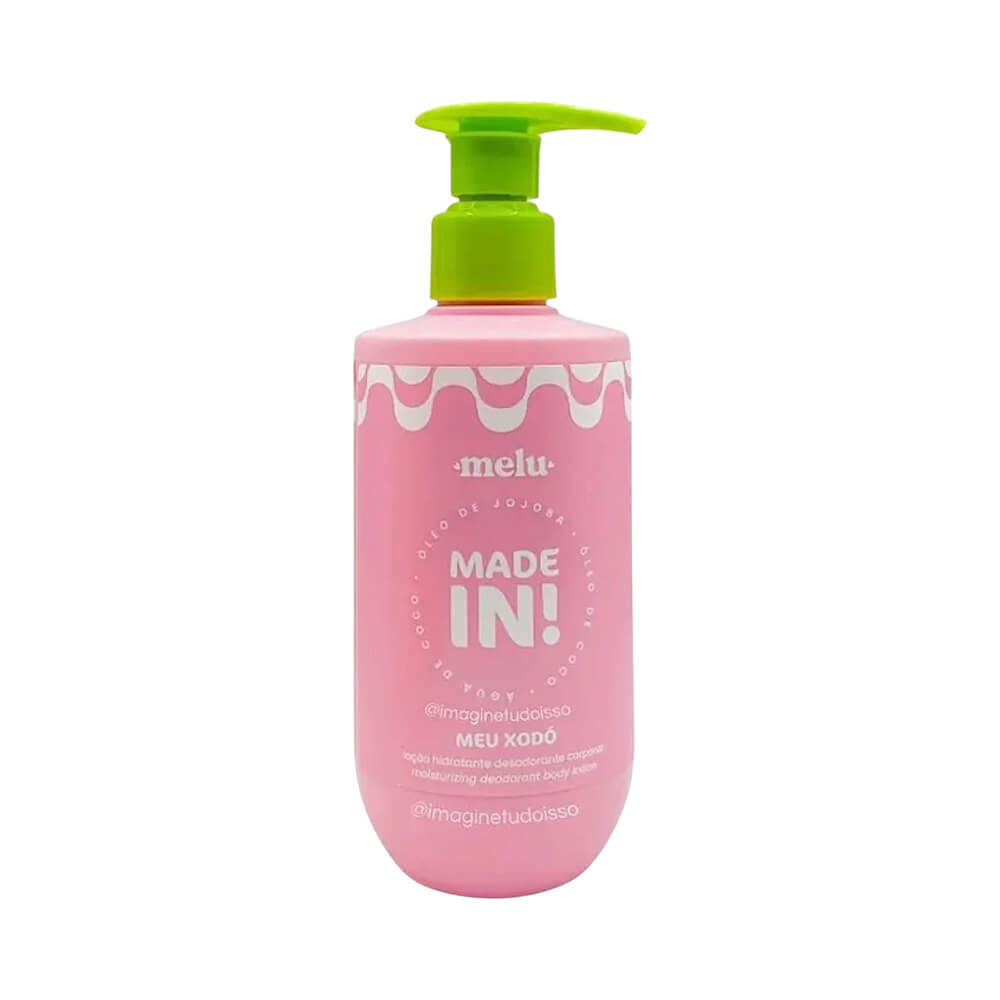 Loção Corporal Melu Made In! Meu Xodó 220g em embalagem rosa com pump verde